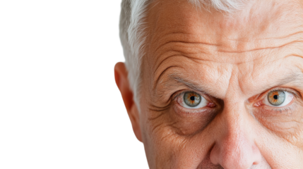 A striking close-up shows half a mature man's face, featuring his piercing eyes and graying hair, capturing a sense of age and wisdom. The skin displays natural wrinkles.