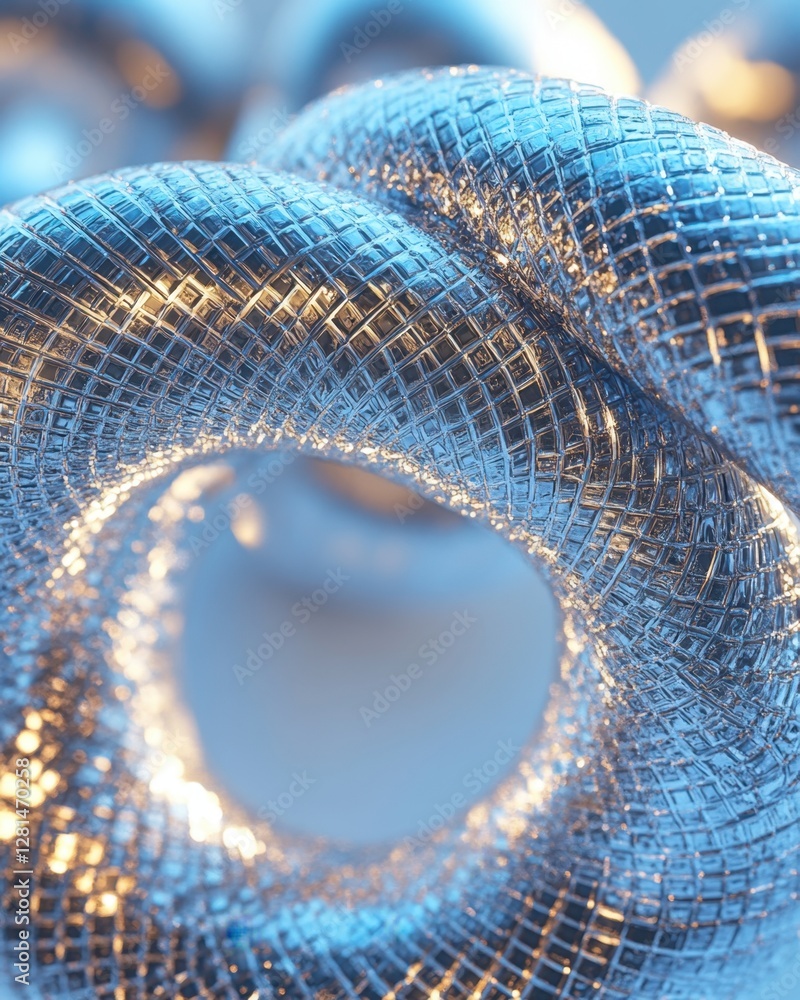Poster abstract metallic knot with intricate grid pattern and shimmering reflections on a soft blue backgro