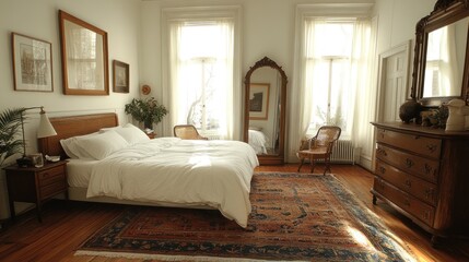 Sunlit Bedroom With Wooden Furniture And White Bedding