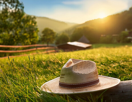 voyage nature a la campagne a la ferme loisirs detente vacances sejour semaine ou week end en ete chapeau prairie verdure nature espace flou pour zone de titre ou texte