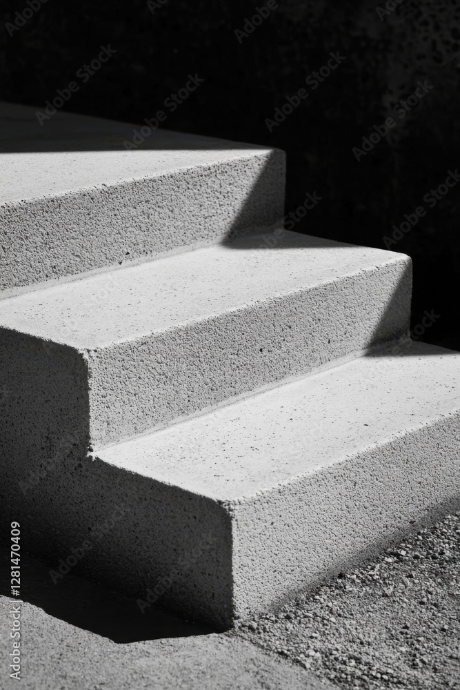 Poster dramatic monochrome image showcasing concrete steps bathed in sunlight casting sharp shadows creatin