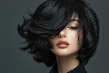 Woman with black bob hairstyle and glamour makeup. Beauty fashion portrait.