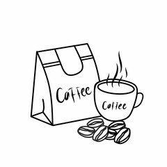 Paper bag with coffee and coffee beans coloring book pages for children and adults with vector