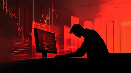 Stressed man working late at computer, surrounded by red graphs and charts showing market downturn.