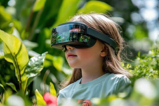 Child experiences virtual reality in a lush garden setting during a sunny day