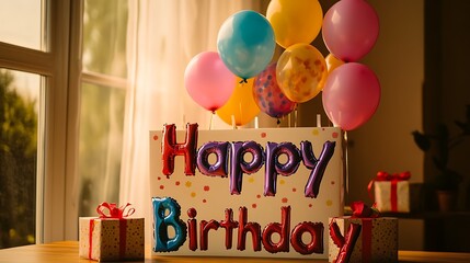 Colorful balloons and "Happy Birthday" sign on table with gifts near window.