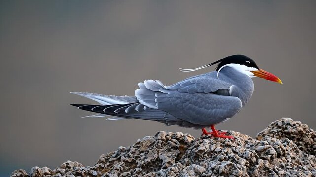Slow Motion Inca Tern Standing Still &ndash; Elegant Seabird with Distinctive Mustache, Striking Dark Gray Plumage, Serene Coastal Habitat, Gentle Breeze Ruffling Feathers, Tranquil Wildlife Scene