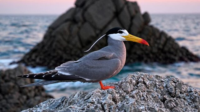 Slow Motion Inca Tern Standing Still &ndash; Elegant Seabird with Distinctive Mustache, Striking Dark Gray Plumage, Serene Coastal Habitat, Gentle Breeze Ruffling Feathers, Tranquil Wildlife Scene