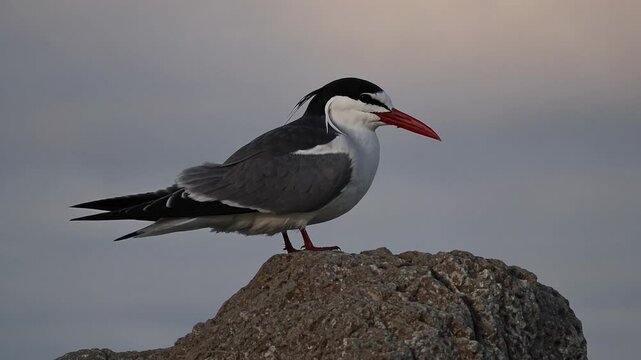 Slow Motion Inca Tern Standing Still &ndash; Elegant Seabird with Distinctive Mustache, Striking Dark Gray Plumage, Serene Coastal Habitat, Gentle Breeze Ruffling Feathers, Tranquil Wildlife Scene