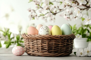 Easter Eggs in a Wicker Basket with Spring Blossoms