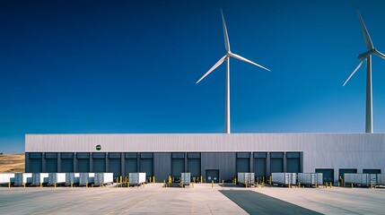 Modern warehouse with wind turbines under a clear blue sky.