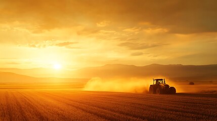 Tractor working in field at sunset, dust cloud.
