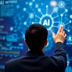 A businessman, dark hair, light skin,
viewed from the back, interacts with an Al application network with a prominent Al icon. The background is softly blurred bokeh effect
