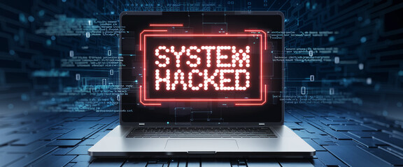 Close-up of a laptop with a red "SYSTEM HACKED" message on the screen, surrounded by digital code and circuitry, symbolizing a high-tech cyber attack and security breach.