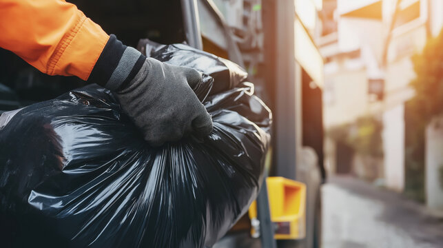 Hand in orange uniform collecting garbage bags. Waste management service