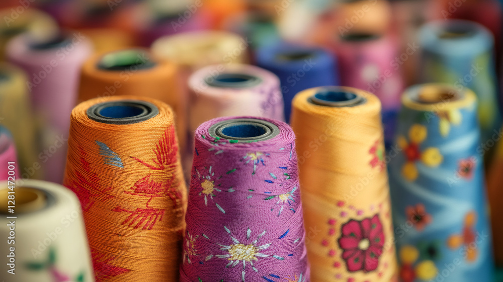 Poster Colorful thread spools displaying intricate floral patterns, presenting vibrant textile textures and rich color palette