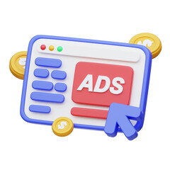 3D rendering of website with word ads and gold coins. Suitable for digital marketing concepts, advertising campaigns, online business presentations.