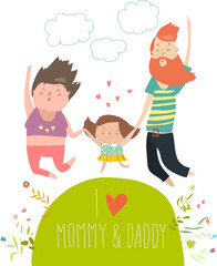 Fototapeta premium Joyful family is jumping. Dad mom and daughter holding hands jumped. Vector isolated illustration