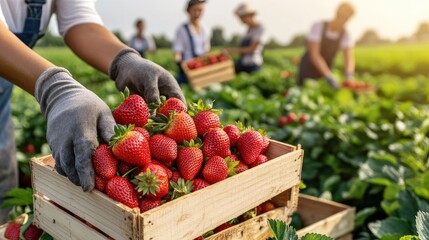 Farm workers gather ripe strawberries under the sun, filling wooden boxes while enjoying a productive day in the strawberry field