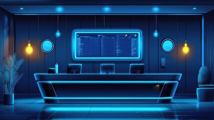 Obraz premium Futuristic Reception Desk with Digital Display and Neon Lights