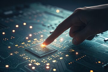 Close-Up of a Hand Touching a Circuit Board with Illuminated Components and Complex Design