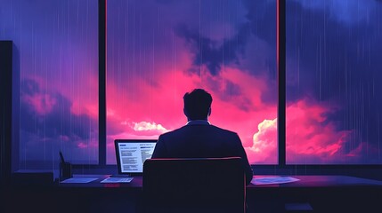 Man working at desk overlooking a dramatic rain-swept sunset.