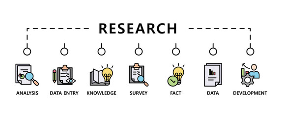 Research banner web icon vector illustration concept with icon of analysis, data, survey, development, fact, knowledge and data entry