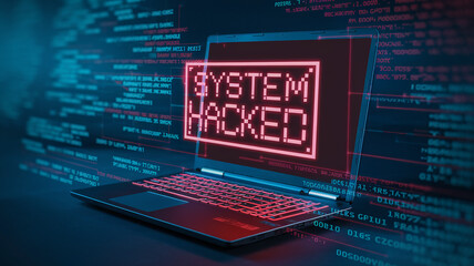 Close-up of a laptop screen displaying a neon red "SYSTEM HACKED" warning, symbolizing a cyberattack, security breach, or digital vulnerability in the tech environment.