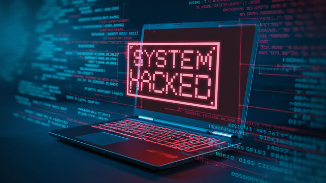 Close-up of a laptop screen displaying a neon red "SYSTEM HACKED" warning, symbolizing a cyberattack, security breach, or digital vulnerability in the tech environment.