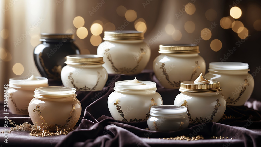 Poster elegant display of assorted decorative jars on a soft cloth with a warm glowing background at a cozy