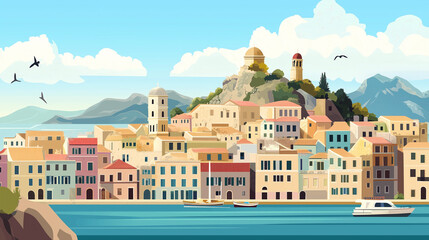 Illustration, Cityscape of Corfu a famous Greek island in Greece, touristic advertisement poster. Beautiful touristic must-see place, part of the Ionian Islands, the ionian sea.