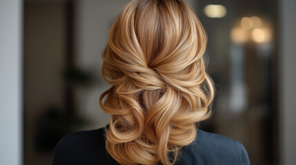 Naklejka premium Elegant blonde hairstyle updo on dark background. Wedding beauty