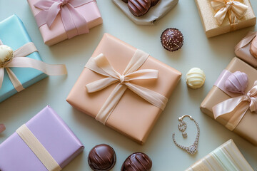 Elegant assortment of beautifully wrapped gifts for celebrations in East Asian cultures, featuring delightful chocolates and ornaments