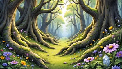 Fototapeta premium Enchanted Forest Path with Sunlight Streaming Through Trees