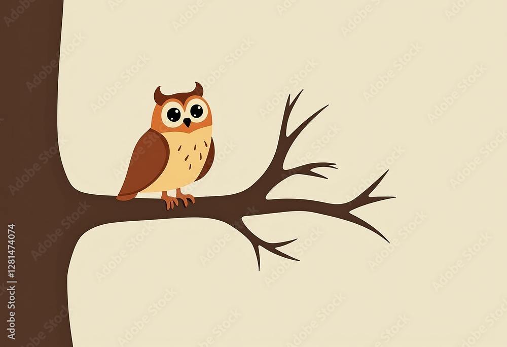 Poster elegant owl vector art: discover a minimalist 2d illustration of an owl on a branch, created with cl