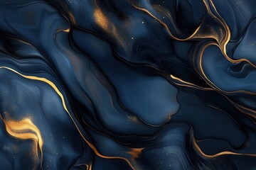 abstract fluid art background featuring swirling patterns of blue and gold metallic paint creating luxurious marblelike textures with dynamic movement