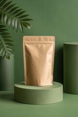 Paper kraft stand up pouch packaging mockup on podium with monstera leaves, Eco-friendly paper bag on a green with leaves, Sustainable packaging