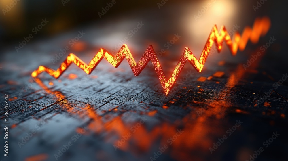 Poster abstract representation of fluctuating data trends on a reflective surface with glowing lines