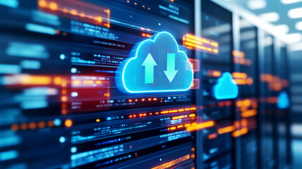 Data Transfer and Cloud Computing Integration Data Center Digital Technology High-Tech Environment Server Room View Future-Ready Concept