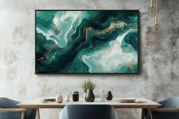 abstract fluid art in deep emerald and teal tones swirling metallic textures creating dynamic movement across canvas modern minimalist style