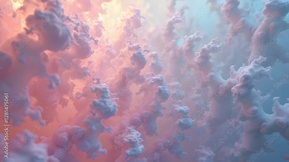 Poster a mesmerizing abstract scene with pastel pink and blue clouds, creating a soft, ethereal atmosphere 