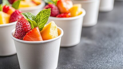 Cafeteria with eco-friendly food packaging Concept, Fresh fruit smoothie station in a cafeteria with compostable cups and colorful fruit displays