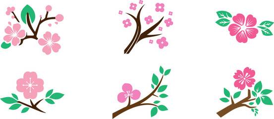 Spring flowers vector set.  Floral brunch and flowers elements. Cherry Blossom flowers.  Sakura blossom branch . Petals of japanese sakura .Pink blooming cherry flowers. 