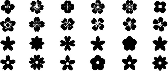 Spring flowers vector set.  Floral brunch and flowers  elements. Cherry Blossom flowers. Sakura blossom branch . Floral logo or  symbol .Simple  black silhouettes of flower .