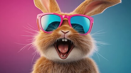 Cheerful Rabbit Wearing Sunglasses in a Colorful Studio Shot - Vibrant and Cute Animal Portrait