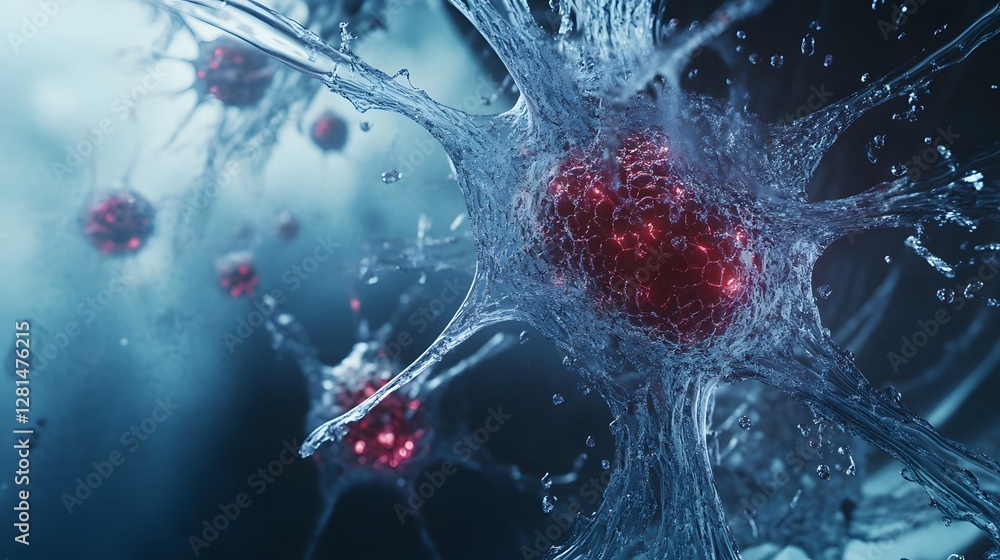 Poster Vibrant abstract digital art depicting intricate microscopic cellular structures molecules and particles in a futuristic scientific laboratory setting