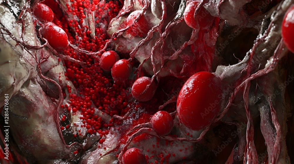 Poster vibrant anatomical abstraction of intricate blood vessel networks and circulatory system showcasing 