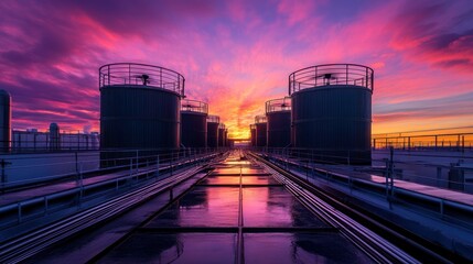 Industrial Storage Tanks at Sunset Reflecting Vibrant Colors