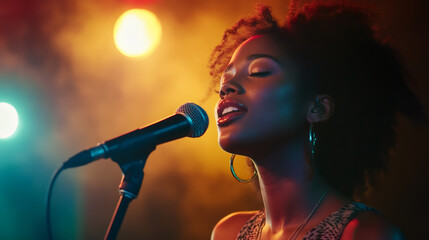 Female vocalist performing energetically, illuminated by colorful stage lights while expressing musical passion during live concert