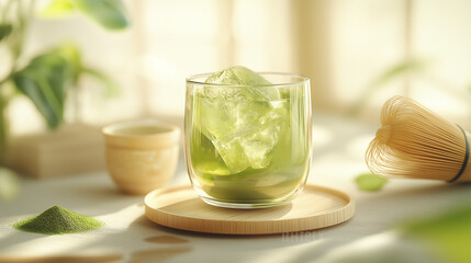 Iced matcha green tea in transparent cup with ice cubes, wooden coaster, matcha powder, bamboo whisk, natural light enhancing the green color, and airy background with space for podcast title.
